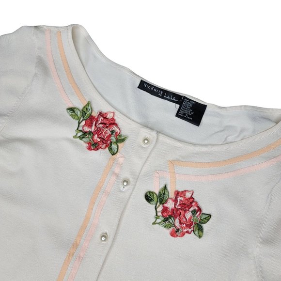 NicKnits by Nicole Miller silk blend feminine embroidered rose button cardigan - Picture 5 of 6